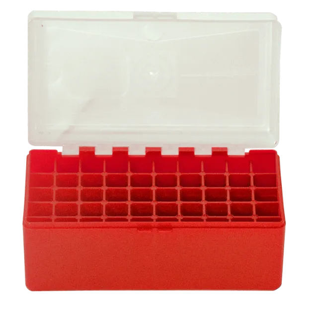 800453 - BOITE DE RANGEMENT ROUGE COUVERCLE TRANSPARENT 50 MUNITIONS CAL 45LC/44MAG