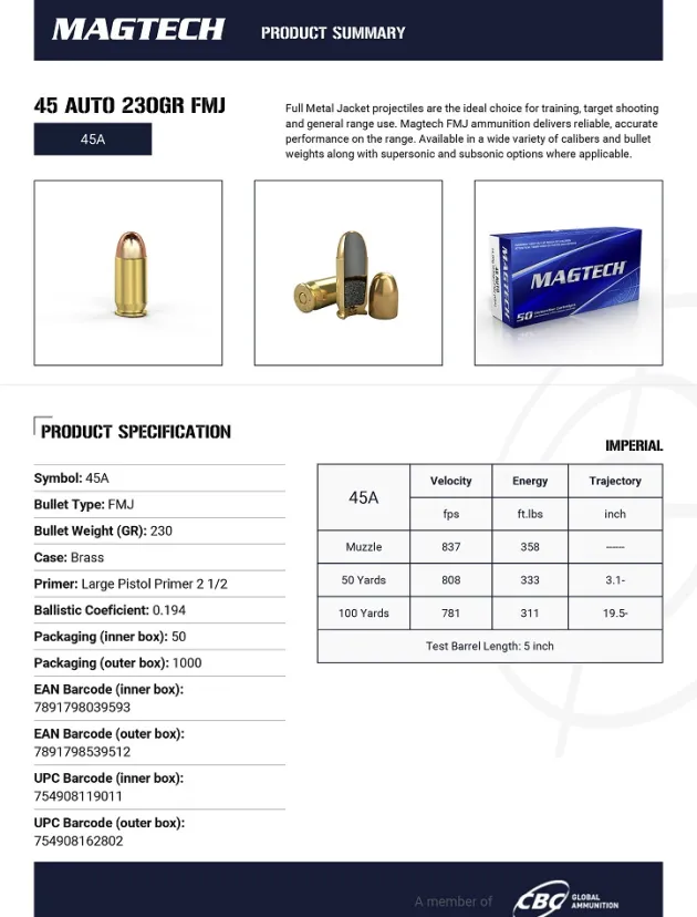 770665 - CARTOUCHES MAGTECH 45 AUTO 230GR FMJ