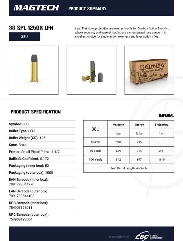 770682 - CARTOUCHES MAGTECH COWBOY ACTION 38 SPL 125GR LFN X50