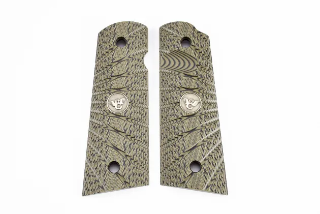738-FS-FB-DO - Wilson Combat Grips Full-Size, Dirty Olive G10, Aggressive Starburst Pattern, Flat Bottom