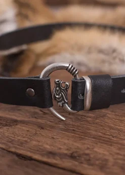 1600201030 - LARP Ceinture en cuir, noir avec tête de loup, boucle argentée