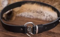 1600201030 - LARP Ceinture en cuir, noir avec tête de loup, boucle argentée