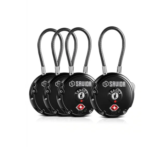 LK-ROUND-BK-FOURPK - Savior Lot de 4 Cadenas à Cable Noir (TSA)