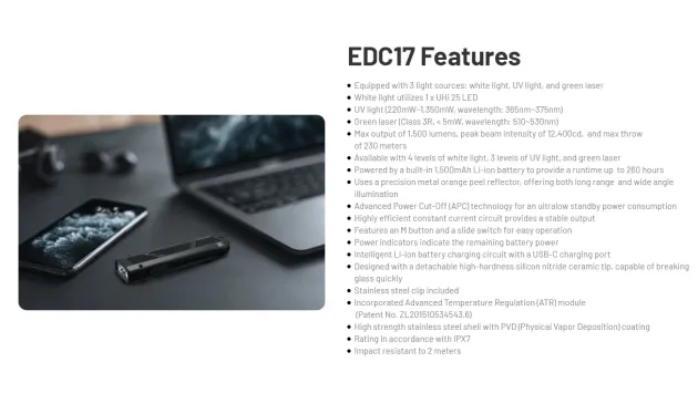 NCEDC17 - NITECORE EDC17 Torche 1500lm USB-C Laser UV CW 150mAh NOIR