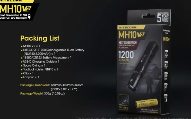 NCMH10V2 - NITECORE MH10V2 Torche Double Alimentation - 1200Lm