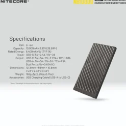 NCNB10000G2 - NITECORE Batterie externe carbone MK2 - 10 000mAh - 5V / 3A - 18W