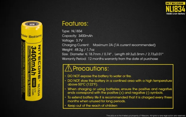 NCNL1834 - NITECORE Accus Li-ion 18650 - 3400mAh - 3,7V - 12,6Wh