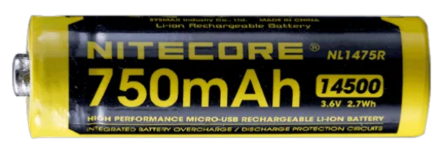 NCNL1475R - NiteCore Accu Li-ion 14500 - 750mAh - Port Micro-USB - 3,6V