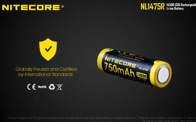 NCNL1475R - NiteCore Accu Li-ion 14500 - 750mAh - Port Micro-USB - 3,6V