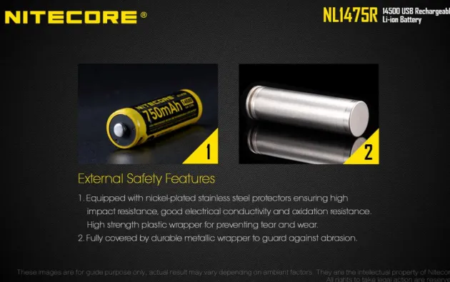 NCNL1475R - NiteCore Accu Li-ion 14500 - 750mAh - Port Micro-USB - 3,6V