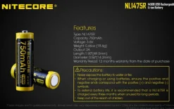 NCNL1475R - NiteCore Accu Li-ion 14500 - 750mAh - Port Micro-USB - 3,6V