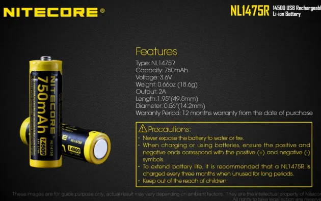 NCNL1475R - NiteCore Accu Li-ion 14500 - 750mAh - Port Micro-USB - 3,6V