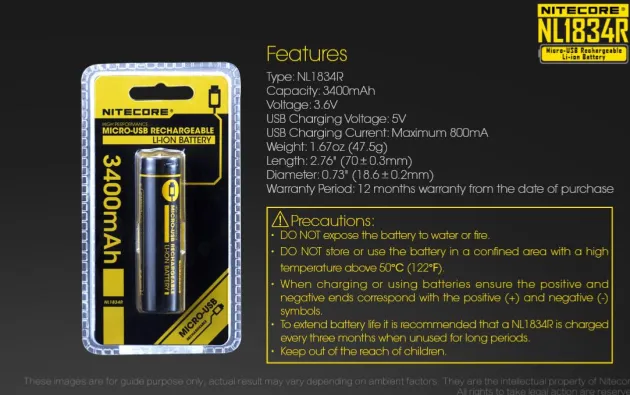 NCNL1834R - NITECORE Accus Li-ion 18650 Micro-USB - 3400mAh 3,7V 12,6Wh