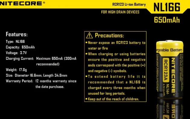 NL166 - NITECORE RCR123A 650mAh 3,7V 2.4Wh