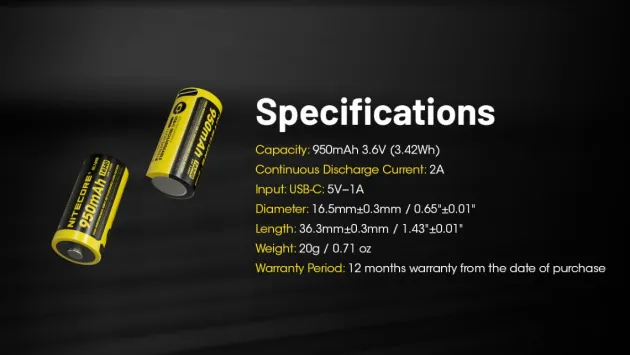 NL169R - NITECORE Accu 16340 3.6V 950 mAh