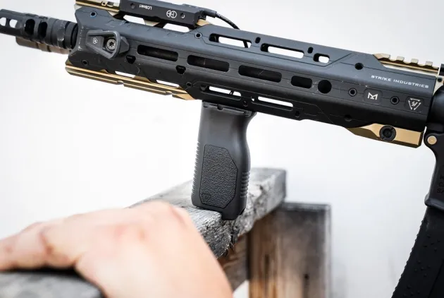 SI-AR-CMAG-L-FDE - Strike Industries M-LOK Angled Vertical Grip Long FDE