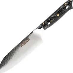 Wusaki couteau Ko-Santoku Sakin Damas 10Cr manche carbone et or