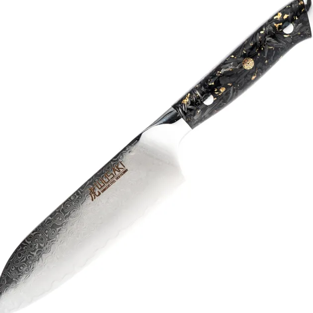 Wusaki couteau Ko-Santoku Sakin Damas 10Cr manche carbone et or