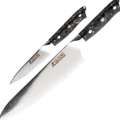 Wusaki set couteaux Chef et office Sakin Damas 10Cr manche carbone et or