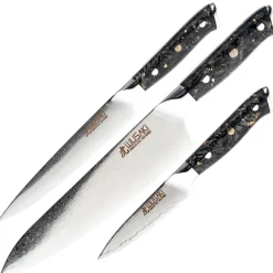 Wusaki set couteaux Chef, universel et office Sakin Damas 10Cr manche carbone et or