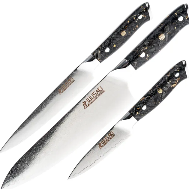 Wusaki set couteaux Chef, universel et office Sakin Damas 10Cr manche carbone et or