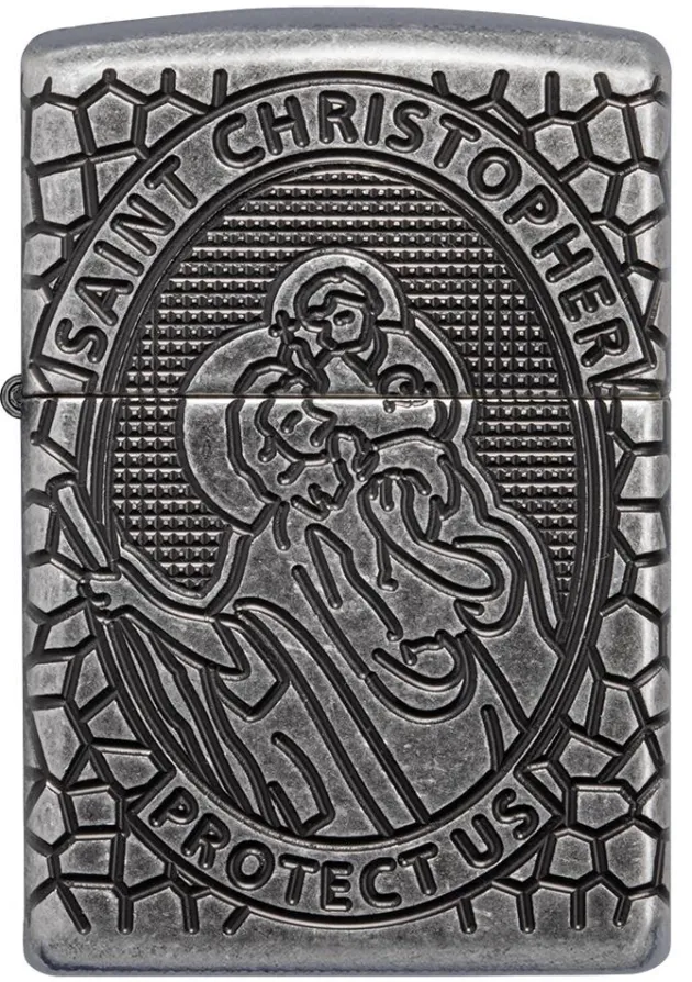 60005200 - ZIPPO Armor Gravé Médaille de Saint Christophe Antique Silver