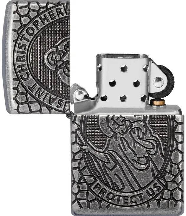 60005200 - ZIPPO Armor Gravé Médaille de Saint Christophe Antique Silver